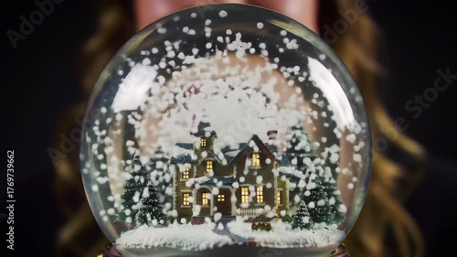 Cinematic close-up of hands holding a magical christmas snow globe with a cozy winter house inside
