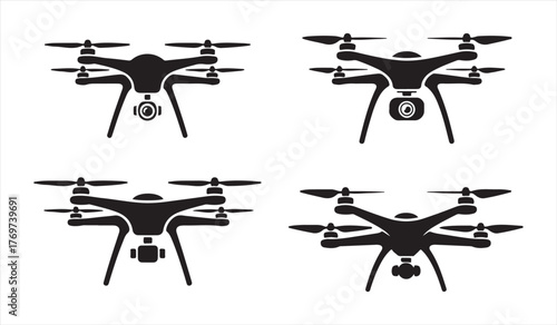 Black Drone Icons Set – Aerial Quadcopter Vector Collection for Graphic Design