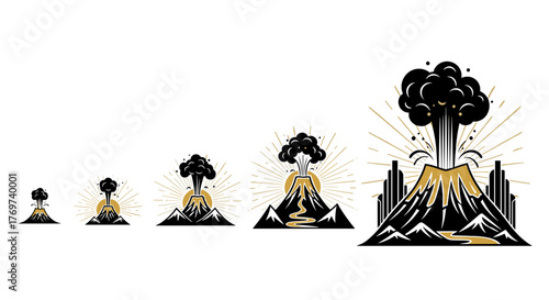 Stylized sequence of volcanoes erupting with golden sunbursts and lava flows against a black background, illustrating geological processes and natural power with a celestial touch, perfect for