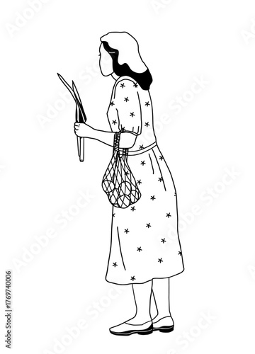 standing woman with leek and mesh bag isolated on white background, farmers market scene, hand-drawn vector illustration