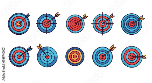 Collection of ten flat design target icons with arrows, representing accuracy, precision, and goal achievement in a vibrant, modern style, perfect for business and sports themes.