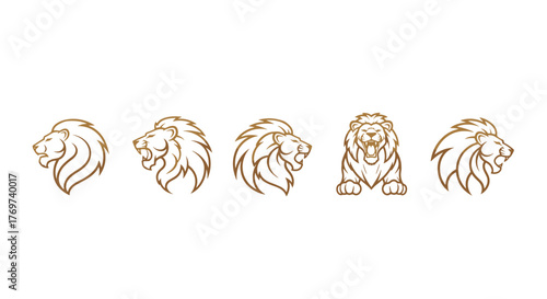 Set of five stylized golden lion head emblems and icons on a black background, showcasing different poses and expressions, perfect for logos, branding, and design elements representing strength and