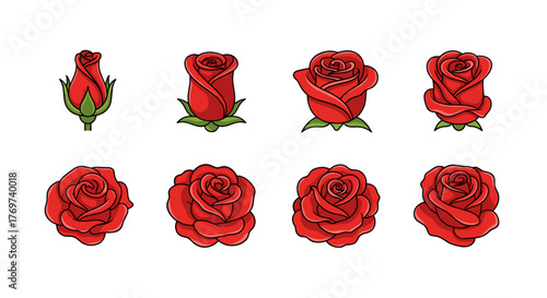 A collection of eight stylized red roses in various stages of bloom, from a tight bud to a fully opened flower, presented against a stark black background, showcasing the beauty and elegance of this