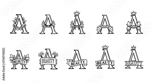 Collection of ten ornate, decorative capital letter 'A' monograms, featuring intricate floral elements, elegant scrolls, and regal crowns, presented in a classic black and white vintage style