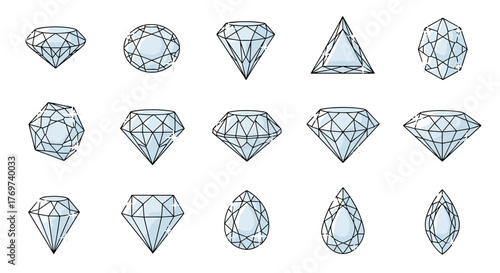 Collection of sparkling faceted diamonds and gemstones in various cuts, including round brilliant, princess, emerald, pear, and marquise, isolated on a black background, representing luxury, wealth