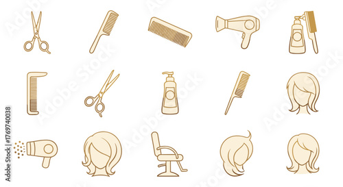 Golden Icons Set: A Collection of Essential Hair Salon and Barber Tools, Including Scissors, Combs, Hairdryers, Shampoo Bottles, and Stylized Hair Silhouettes, Perfect for Beauty Industry Branding