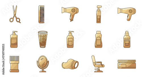 Golden icons set for hairdressing and beauty salon, including scissors, comb, hairdryer, shampoo bottles, mirror, barber chair, and styling products, representing professional hair care and styling
