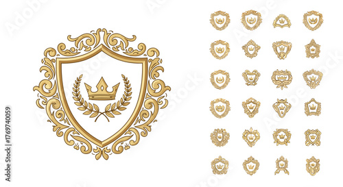 Golden ornate heraldic shield emblem with crown and laurel wreath, surrounded by a decorative baroque flourish, accompanied by a collection of smaller, intricate golden crests and badges, all on a