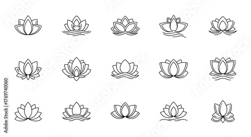 Collection of fifteen stylized white lotus flower icons on a black background, representing purity, spirituality, and tranquility, perfect for wellness, yoga, and meditation branding, offering