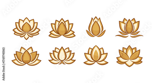 Set of eight stylized lotus flower icons in golden and beige tones, presented on a black background, showcasing various stages of bloom and petal arrangements, perfect for spiritual, wellness, or