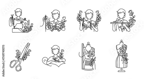 Set of elegant line art illustrations depicting fashion design and tailoring elements, including a sewing machine, scissors, a tailor's dummy, and stylized figures holding fabric and tools, all