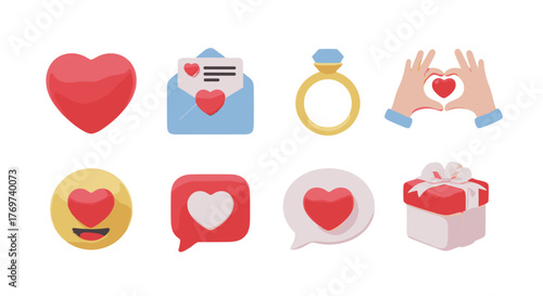 Collection of 3D Valentine's Day icons and symbols, including a red heart, an open envelope with a heart, a diamond ring, hands forming a heart shape, a smiling emoji with a heart, a heart-shaped