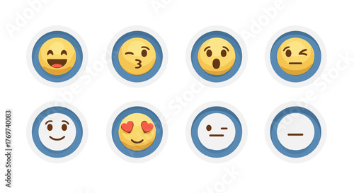 Collection of eight diverse emoji icons, presented in a clean, modern circular design with blue and white borders, showcasing a range of emotions from joy and surprise to affection and neutrality