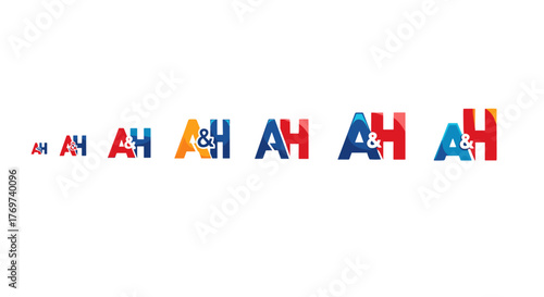 A collection of stylized 'AH' letter logos in various sizes and color combinations, including red, blue, and orange, with some featuring an ampersand symbol, presented against a black background