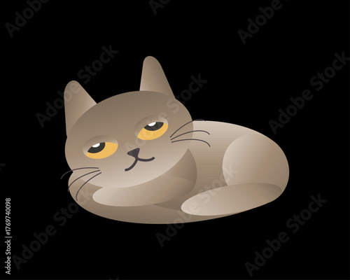 This vector illustration depicts a dozing cat curled up in a relaxed pose. The cat is isolated against a solid black background, highlighting its peaceful and calm nature. The illustration conveys a s
