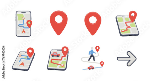 Collection of 3D navigation icons and elements, including smartphone map applications with routes and pins, standalone map markers, a walking person with a route, a car on a map, and a directional