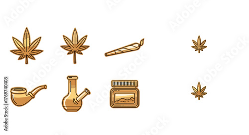 Golden cannabis leaf icons, joint, bong, pipe, and jar of marijuana, representing the lifestyle and culture surrounding cannabis use, isolated on a black background, symbolizing recreational and