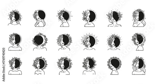 Set of 18 minimalist line art illustrations of women's faces, half adorned with celestial elements like sun rays and moon phases, and the other half with floral wreaths, symbolizing nature and cosmic