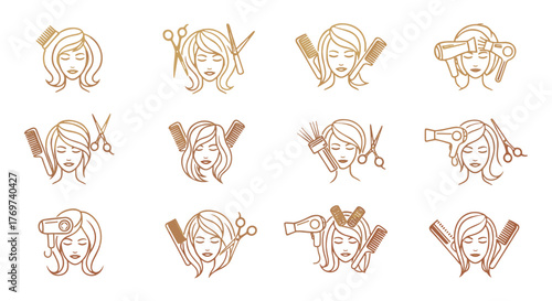 Collection of golden line art icons representing various hairdressing and beauty salon services, including scissors, combs, hair dryers, and rollers, set against a black background, ideal for
