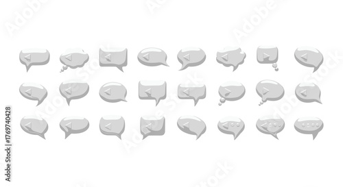 Collection of 3D white speech bubbles and chat icons with play buttons and dots, isolated on a black background, representing communication, messages, and digital interaction in a modern, clean
