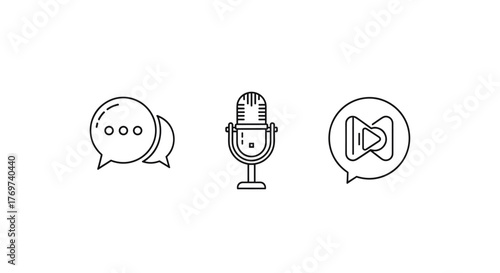 A minimalist, clean, and modern vector graphic showcasing three distinct icons representing communication, audio recording, and media playback, presented on a dark background with a subtle, elegant