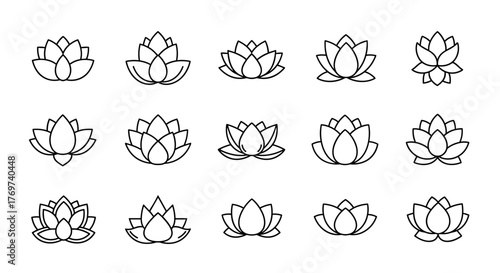 Collection of fifteen minimalist line art lotus flower icons and symbols, showcasing diverse petal arrangements and stages of bloom, perfect for representing purity, enlightenment, and tranquility in