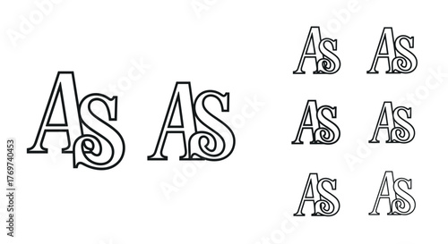 Elegant Monogram 'AS' in a Vintage Style with Ornate Flourishes, Presented as a Set of Multiple Instances on a Dark Background, Ideal for Branding and Design Projects Requiring a Classic Touch.