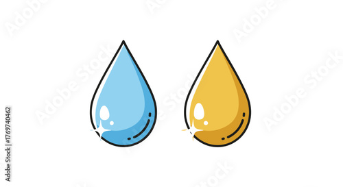 Two stylized cartoon drops, one blue and one yellow, with cute faces and sparkling highlights, isolated on a black background, representing liquids, emotions, or abstract concepts in a vibrant and