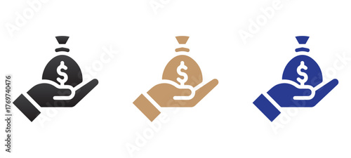 Hand Holding Money Icon Set - Icons representing savings, salary, earnings, payment, financial transaction, and donation.
