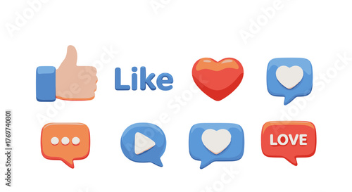 A vibrant 3D render showcases a collection of social media interaction icons, including a prominent blue thumbs-up, the word "Like" in bold blue letters, a red heart, a blue speech bubble with a