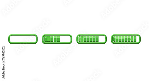 Set of four green battery charge indicators on a black background, showing different levels of power from empty to full, symbolizing energy, progress, and technology in a clean, modern design.