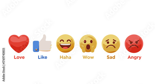 A collection of popular social media reaction emojis and icons, including a red heart for love, a thumbs-up for like, a laughing face for haha, a surprised face for wow, a sad face, and an angry
