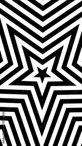 Black and white abstract optical illusion star background vertical, pattern tunnel seamless looping animation, starburst comic