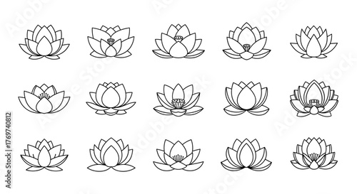 Collection of fifteen stylized white lotus flower outlines on a black background, showcasing various stages of bloom and petal arrangements, perfect for serene and spiritual design elements.