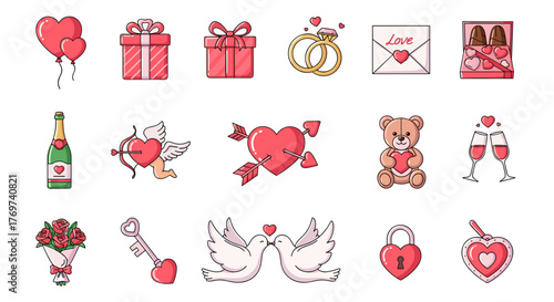 A delightful collection of Valentine's Day themed icons, featuring romantic symbols like hearts, balloons, gifts, rings, champagne, cupid, teddy bear, doves, roses, keys, locks, and chocolates