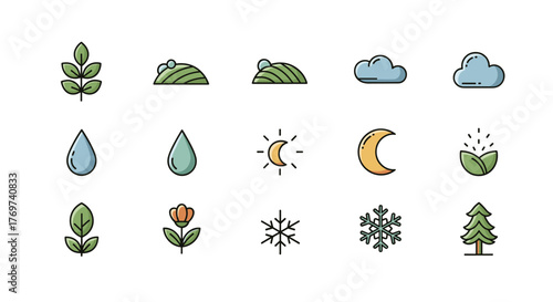 A collection of flat design icons representing nature and weather elements, including leaves, raindrops, clouds, a crescent moon, a sun, a flower, snowflakes, a pine tree, and rolling hills, perfect