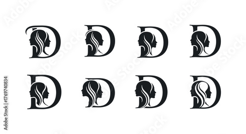 Elegant Black Monogram 'D' Featuring a Stylized Female Profile Silhouette, Symbolizing Femininity, Beauty, and Sophistication, Ideal for Branding and Design Projects