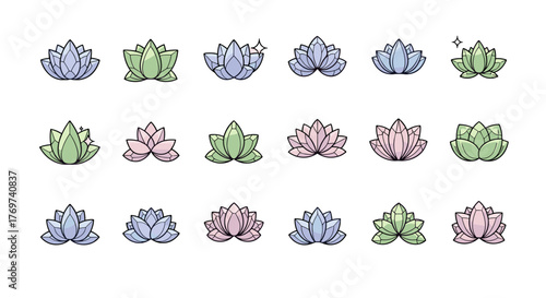 Collection of stylized lotus flowers in pastel shades of blue, green, and pink, presented as graphic icons with a subtle crystalline or faceted appearance, evoking a sense of purity, tranquility, and
