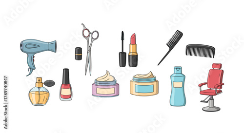 A vibrant collection of beauty and hair salon essentials, including a hairdryer, scissors, lipstick, mascara, perfume, nail polish, creams, combs, shampoo, and a barber chair, all rendered in a