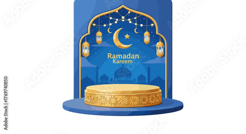 Ramadan Kareem greeting with Islamic crescent moon, star, traditional lanterns, mosque silhouettes, and a golden podium on a blue background, symbolizing the holy month of fasting and prayer for