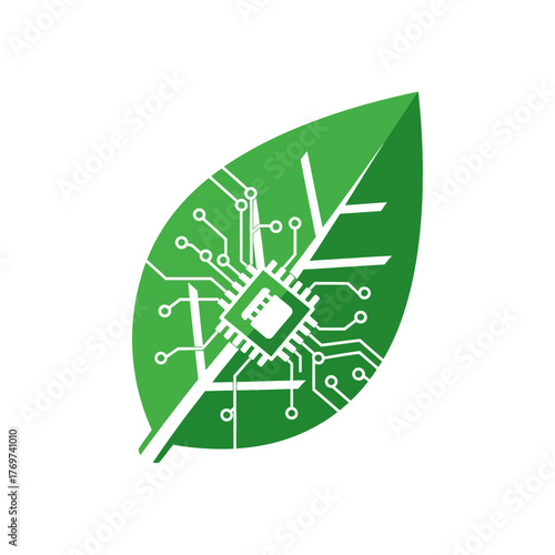 Green leaf with integrated circuit pattern and central chip.