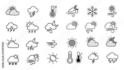 Vibrant weather icons for forecasting, meteorology, and climate apps showcase diverse conditions like sun, rain, snow, wind, and lightning.