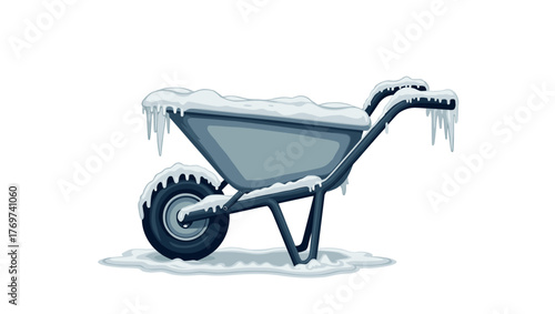 Frozen metal wheelbarrow covered with frost on handles standing on white snow background, winter still life concept