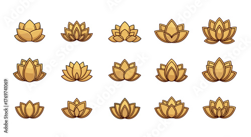 Collection of fifteen stylized golden lotus flower icons, presented on a black background, showcasing variations in petal arrangement and symmetry, perfect for representing purity, enlightenment, and