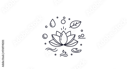 A minimalist line art illustration featuring a lotus flower at its center, surrounded by various natural elements like water drops, leaves, and gentle waves, evoking a sense of peace, tranquility