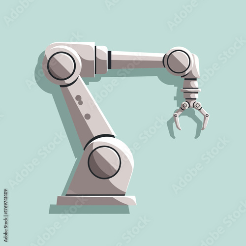 White robotic arm with claw on a light blue background.