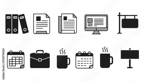 Organized business essentials including binders, documents, computer, calendar, briefcase, and coffee for productive workdays and efficient planning.