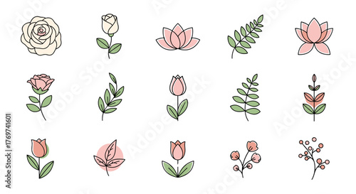 A charming collection of minimalist floral and botanical illustrations, featuring delicate roses, elegant lotus flowers, budding tulips, and leafy branches, all rendered in a soft pastel color