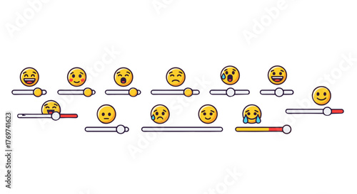 Set of diverse emoji faces representing a spectrum of emotions, from extreme joy and laughter to sadness and distress, displayed on adjustable sliders against a stark black background, symbolizing