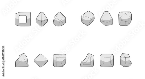 Collection of abstract geometric shapes and crystalline forms rendered in a clean, modern, minimalist style with subtle shading and highlights, presented against a stark black background for maximum